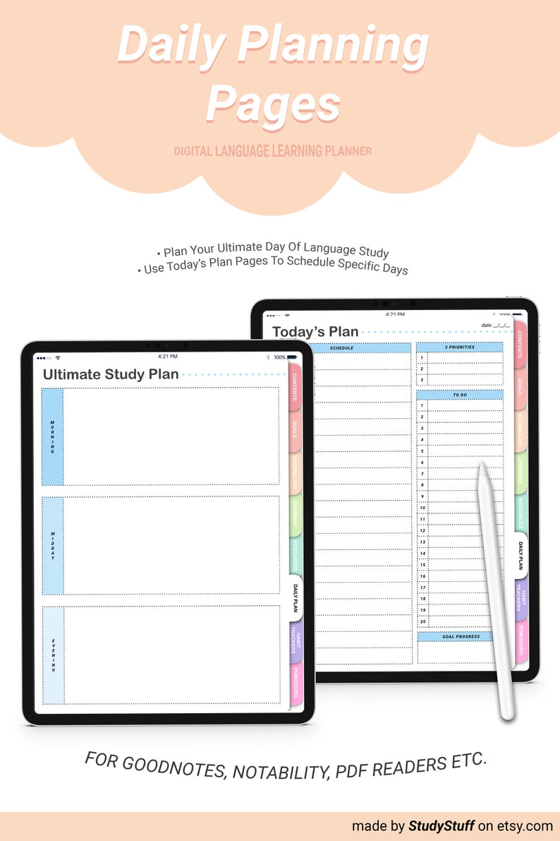 May include: Two digital planner pages for language learning. The left page is titled "Ultimate Study Plan" and has three sections for planning. The right page is titled "Today's Plan" and has sections for scheduling, priorities, to-do items, goal progress, and habit trackers.