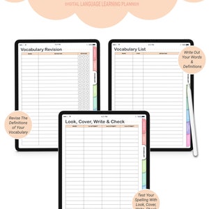 May include: Three digital planner pages for vocabulary learning. The pages are titled "Vocabulary Revision", "Vocabulary List", and "Look, Cover, Write & Check". Each page has a colourful border and is designed for use with GoodNotes, Notability, and PDF readers.