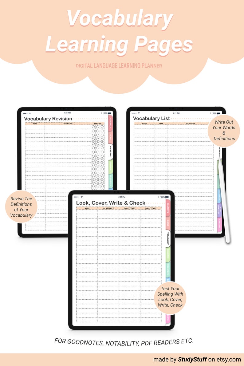 May include: Three digital planner pages for vocabulary learning. The pages are titled "Vocabulary Revision", "Vocabulary List", and "Look, Cover, Write & Check". Each page has a colourful border and is designed for use with GoodNotes, Notability, and PDF readers.