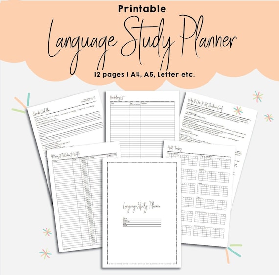 Language Learning Planner | Self Study Foreign Languages Printable Pack | Language Workbook | Vocabulary Learning | Study Goal Setting |