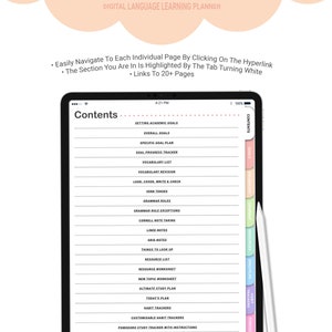 May include: A digital language learning planner with a contents page for Goodnotes, Notability, and PDF readers. The page is divided into sections with hyperlinks to different pages, including setting academic goals, vocabulary lists, grammar rules, and habit trackers.