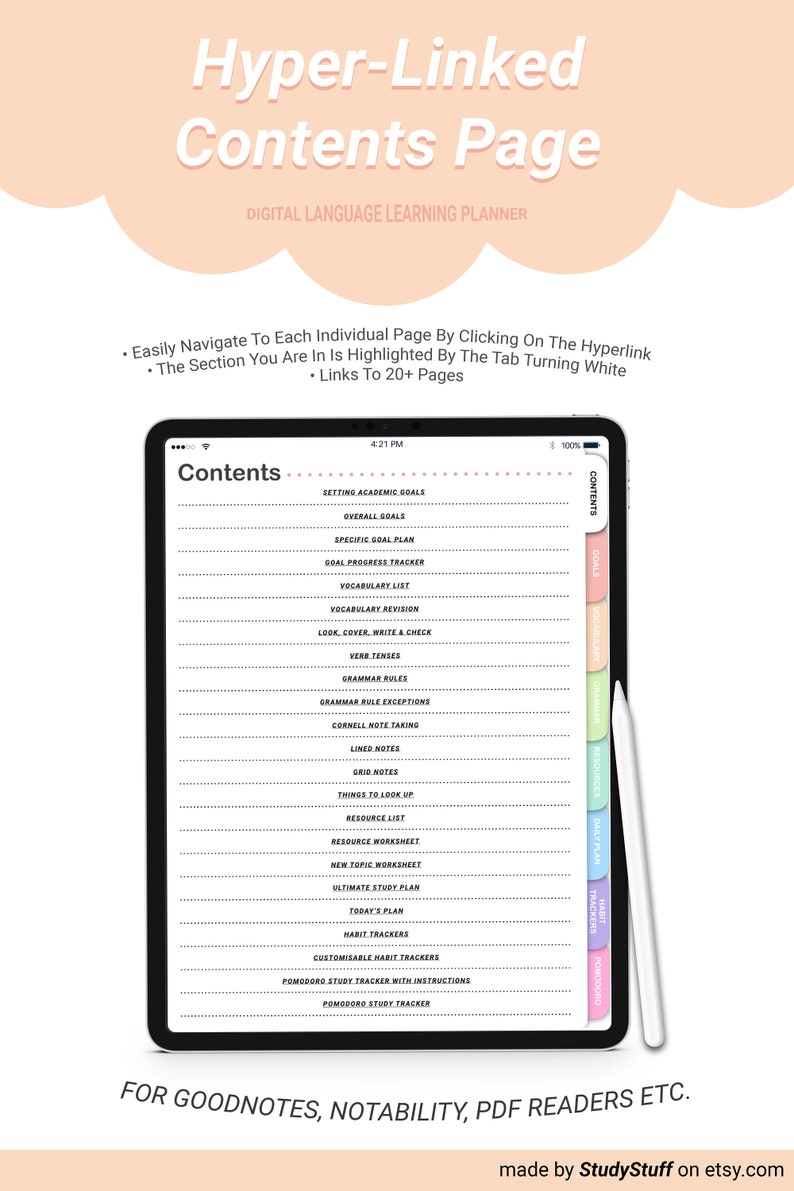 May include: A digital language learning planner with a contents page for Goodnotes, Notability, and PDF readers. The page is divided into sections with hyperlinks to different pages, including setting academic goals, vocabulary lists, grammar rules, and habit trackers.
