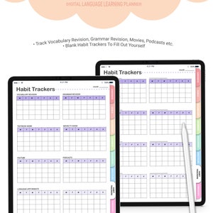 May include: Two digital planner pages for Goodnotes, Notability, and PDF readers. The pages are designed to track habits, such as vocabulary revision, grammar revision, movie watching, and podcast listening. Each page has a grid with days of the week and spaces to mark off habits completed. The pages are colour-coded with pastel pink, blue, green, and yellow.