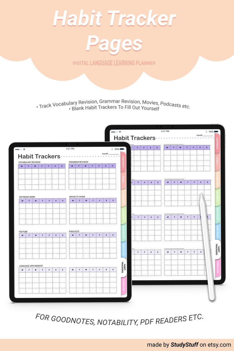 May include: Two digital planner pages for Goodnotes, Notability, and PDF readers. The pages are designed to track habits, such as vocabulary revision, grammar revision, movie watching, and podcast listening. Each page has a grid with days of the week and spaces to mark off habits completed. The pages are colour-coded with pastel pink, blue, green, and yellow.