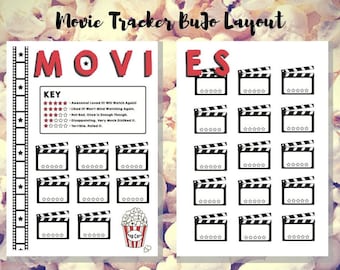 Movie Tracker Bullet Journal | 5-Star Rating Film Review BuJo Printable Inserts | Movies Watched | Film Log | Movie Wishlist | Movie Night