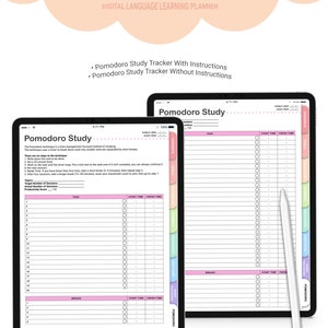 May include: Two digital planner pages for Goodnotes, Notability, and PDF readers. The pages are designed for the Pomodoro Study method, a time management technique that breaks work into 25-minute intervals separated by short breaks. The pages feature a pink, green, and blue colour scheme and include sections for tasks, start and finish times, breaks, contents, goals, daily plan, and trackers.