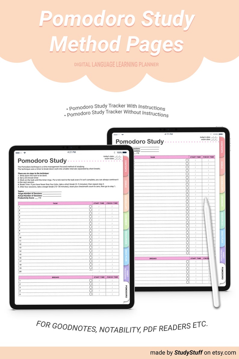 May include: Two digital planner pages for Goodnotes, Notability, and PDF readers. The pages are designed for the Pomodoro Study method, a time management technique that breaks work into 25-minute intervals separated by short breaks. The pages feature a pink, green, and blue colour scheme and include sections for tasks, start and finish times, breaks, contents, goals, daily plan, and trackers.