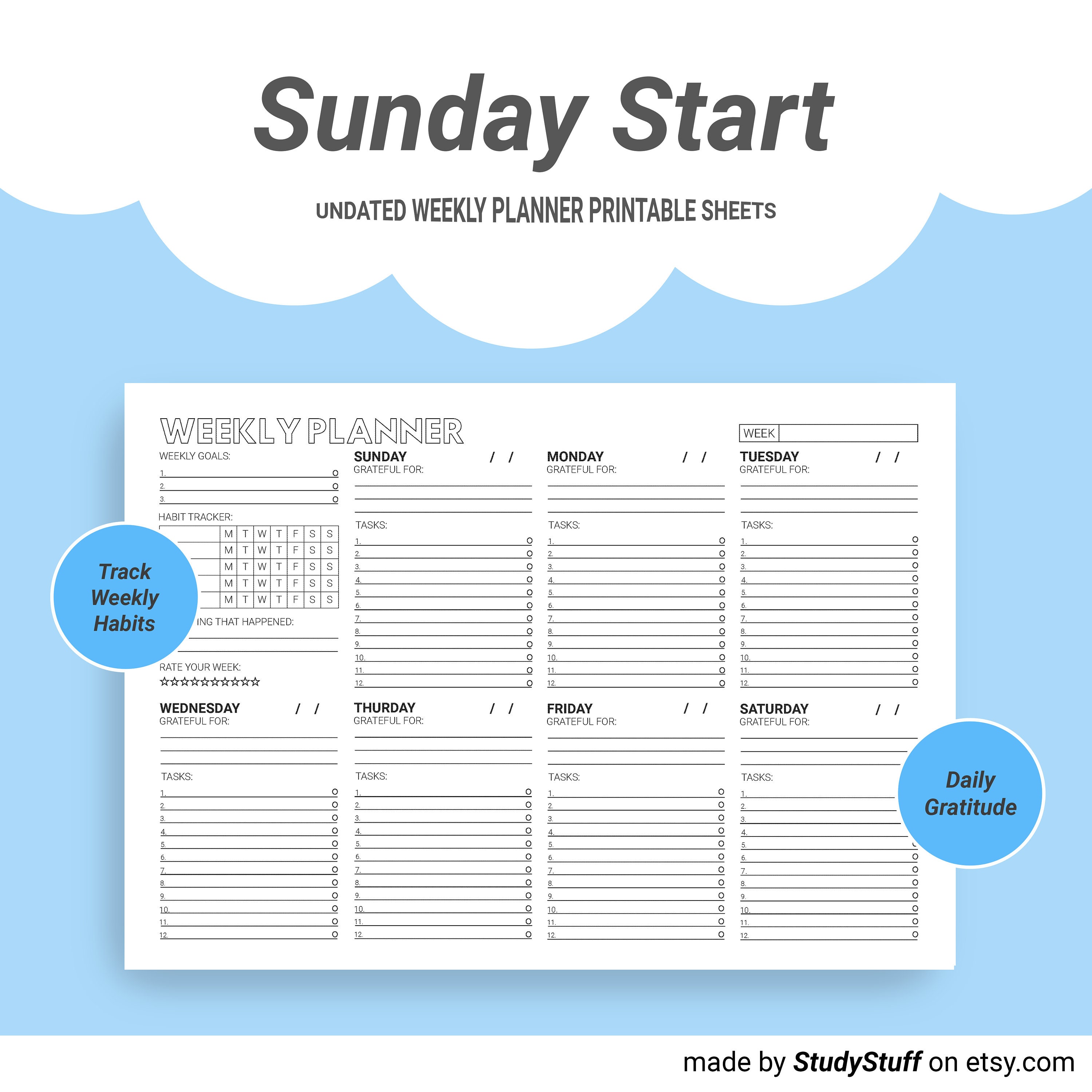 Undated Landscape Weekly Planner Printable Sheets | Sunday & Monday ...