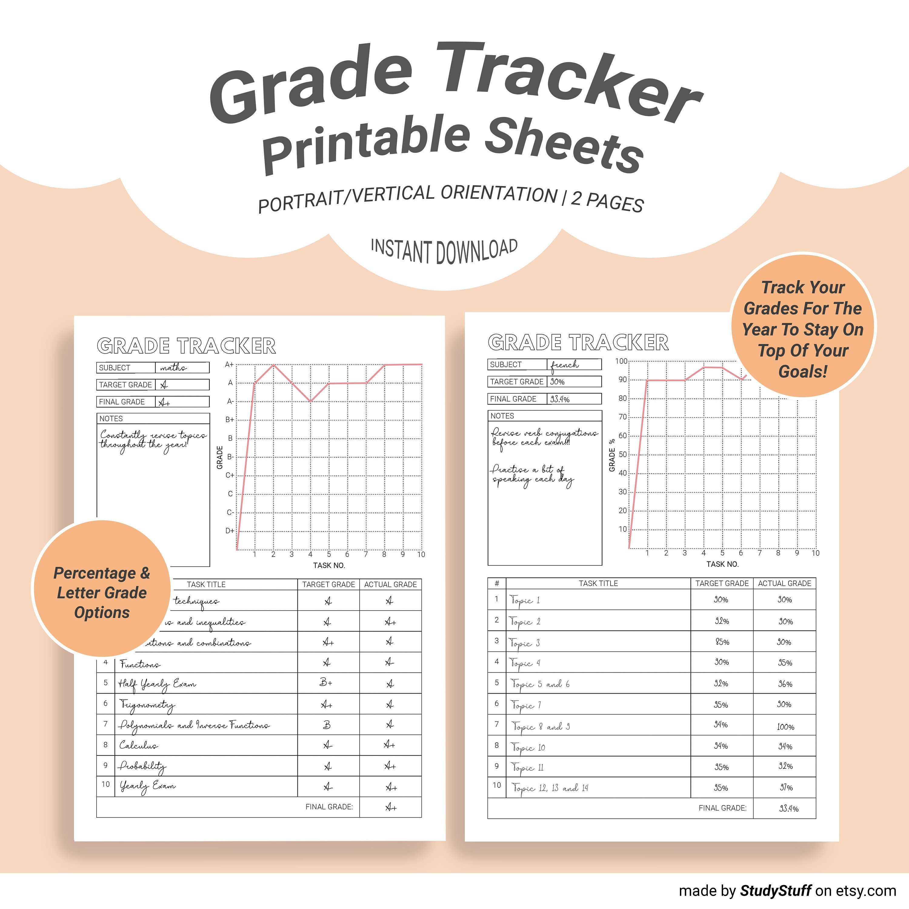 Grade Tracker Printable Goal Grade Tracking Letter Grade & | Etsy
