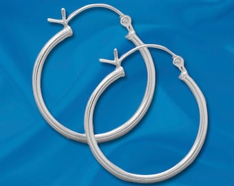 925 Sterling Silver 2mm x 30mm Hoop Earrings with Click - Sold in pairs