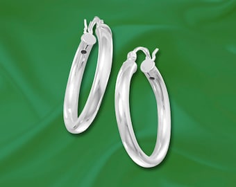 925 Sterling Silver 3mm x 25mm Hoop Earrings with Click - Sold in pairs