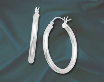925 Sterling Silver 3mm x 30mm Hoop Earrings with Click - Sold in pairs