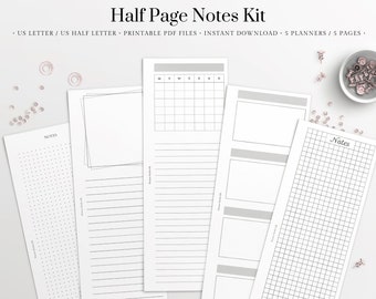 Half Page Notes Kit, Lined Notes, Dot Grid Notes, Square Grid Notes, Notepad | US Letter - US Half Letter | Printable