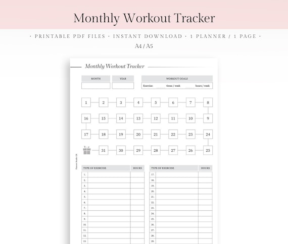 Monthly Workout Tracker Exercise Tracker Fitness Planner Wellbeing A4 A5 Size Printable