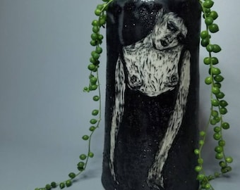 Heavy stoneware vase with nude female and window on opposite side.  sgrafitto technique, hand thrown. Ceramic Functional Art. Goth. Dark.