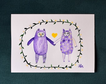 Purple cats love original watercolor for valentines scandi