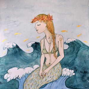 Jesienna syrena oryginalna akwarela ilustracja malarstwa