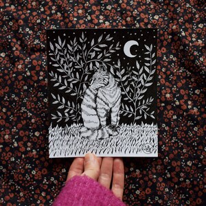 Dibujo a tinta original de Cat in the Moonlight