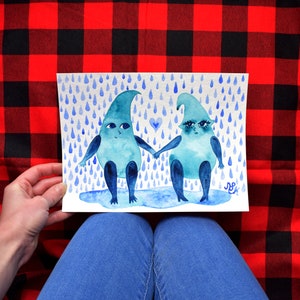 Amantes de las gotas de lluvia, obra de arte original en acuarela
