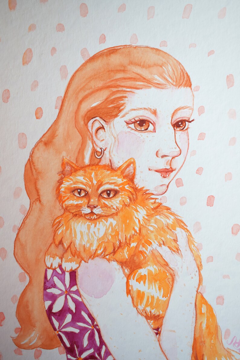 redhead girl with a ginger cat original watercolor