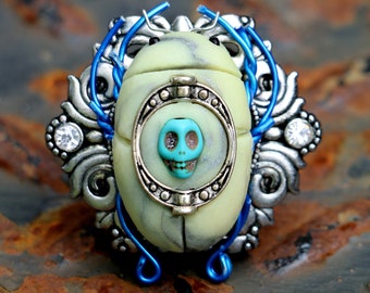 SOLD - Blue Legged Glow Skull Steampunk Scarab Ring