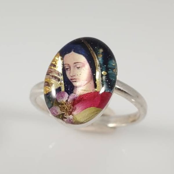 Virgin Mary Adjustable Sterling Silver Ring with Assorted Dried Flowers