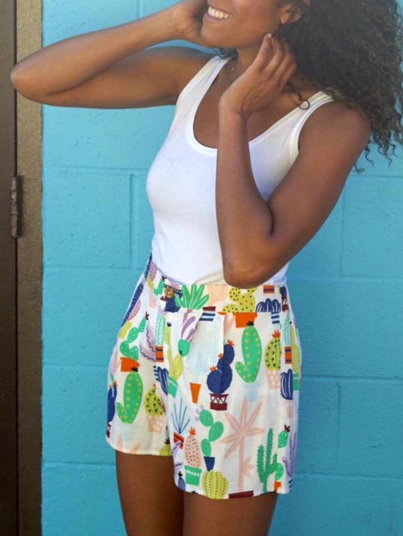 Cactus Print Hi Waisted Cotton Shorts with Pockets