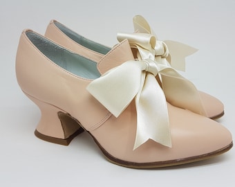 Pink Leather 18th Century Shoes, Baroque Ribbon Heels