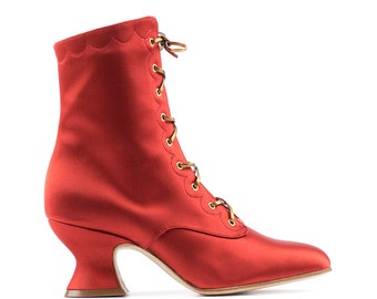 Red Satin Ankle Boots, Belle Epoque Costume Shoes