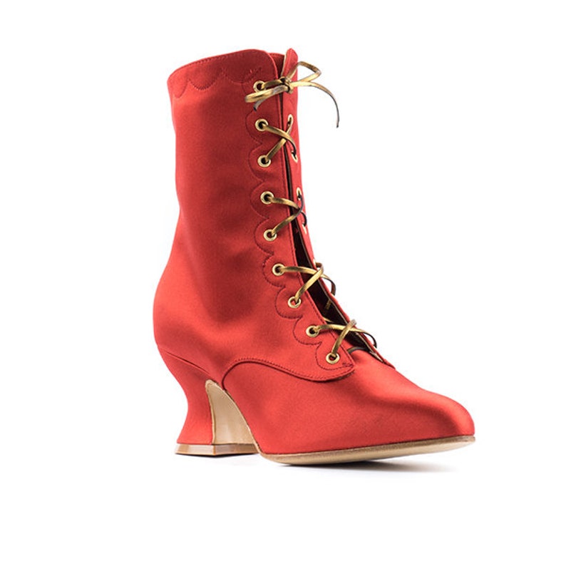 Women’s Vintage Shoes & Boots to Buy Belle Epoque historical woman boots in red satin style 736_70P Paoul Sarah $375.00 AT vintagedancer.com