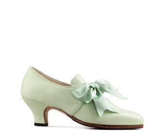 Green Leather 18th Century Costume Shoes with Satin Ribbon