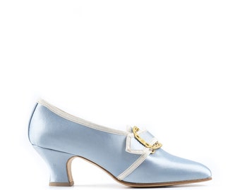 Marie Antoinette Rococo Shoes, Blue Satin Historical Heels