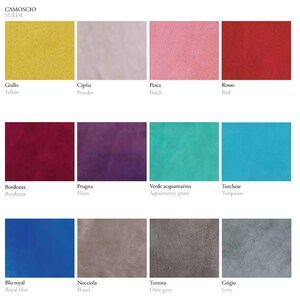 May include: A color chart showing 12 different suede colors. The colors are: yellow, powder, peach, red, burgundy, plum, aquamarine green, turquoise, royal blue, hazel, dove-grey, and grey.