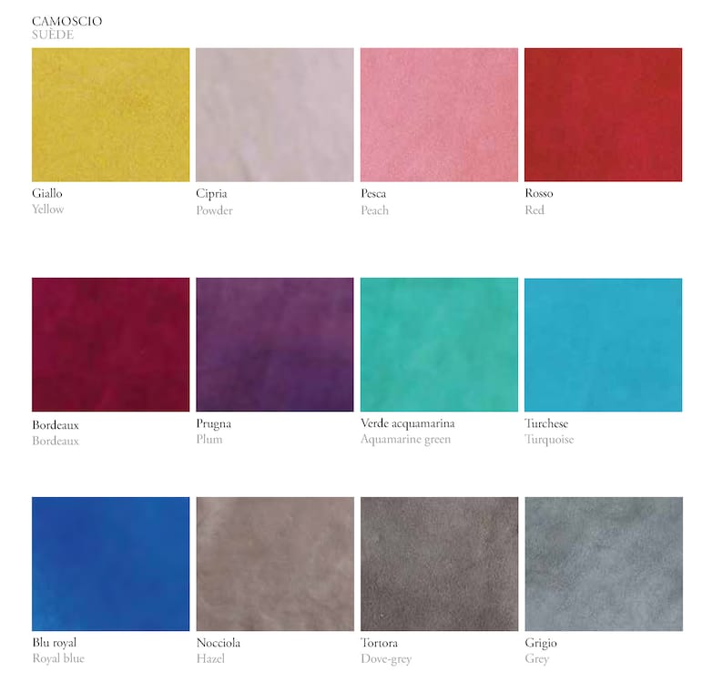 May include: A color chart showing 12 different suede colors. The colors are: yellow, powder, peach, red, burgundy, plum, aquamarine green, turquoise, royal blue, hazel, dove-grey, and grey.