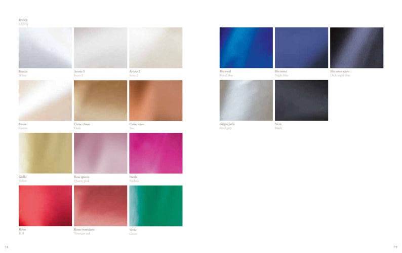 May include: A color chart showing various shades of fabric, including white, beige, gold, pink, red, and green. The chart is labeled "Basic Satin".