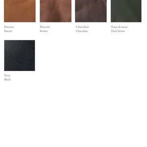 May include: Leather swatches in five colors: biscuit, brown, chocolate, dark brown, and black. The swatches are labeled with the Italian and English names for each color.