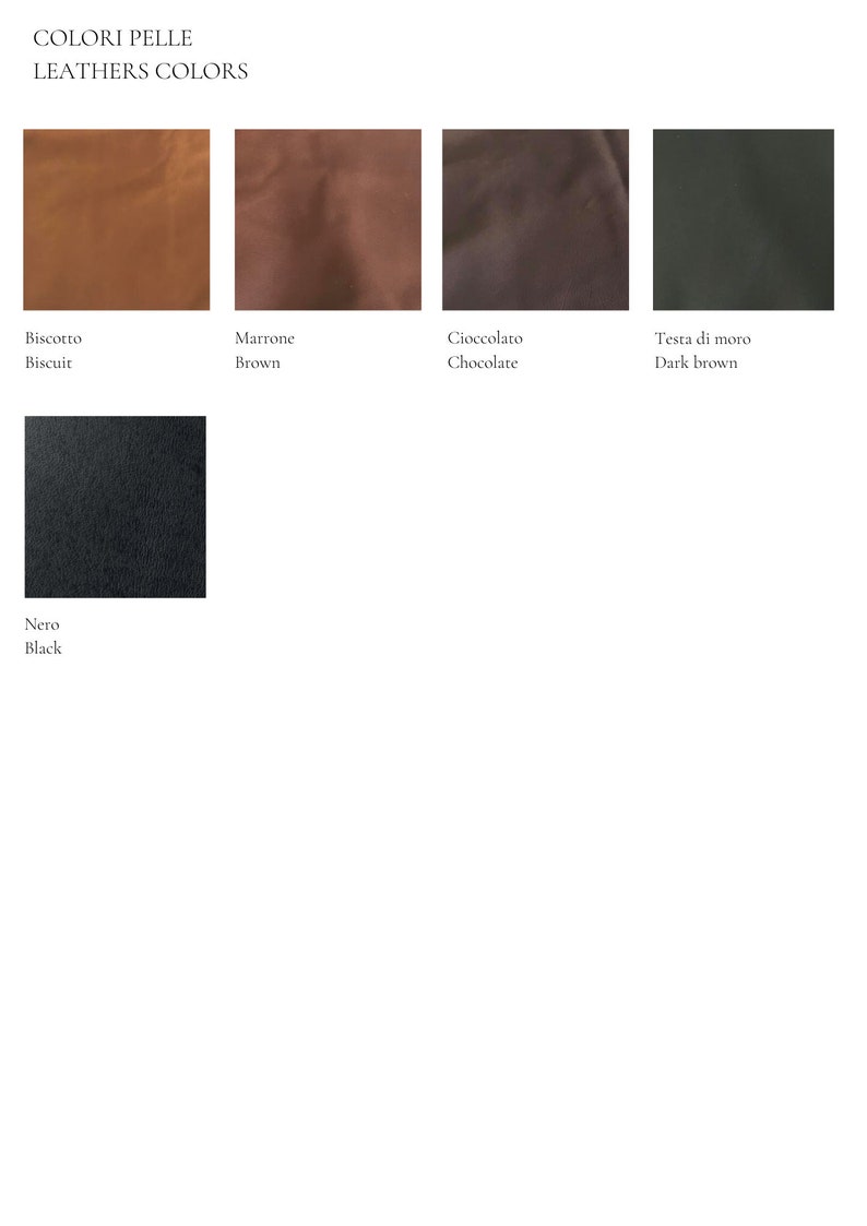 May include: Leather swatches in five colors: biscuit, brown, chocolate, dark brown, and black. The swatches are labeled with the Italian and English names for each color.
