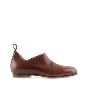 May include: A brown leather slip-on shoe with a pointed toe and a slightly rounded heel.
