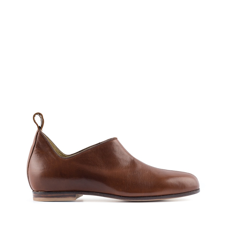 May include: A brown leather slip-on shoe with a pointed toe and a slightly rounded heel.