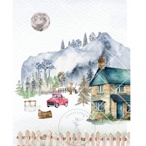 Carte à clipart Noël petit camion rouge pour enfants cadeau animal enneigé pittoresque montagne ours aquarelle lunatique cabane printemps pays rustique