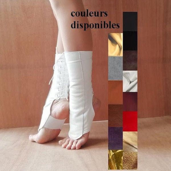 Gaiters color white fabrics and leather of your choice ON MEASURES, for Cirque(boots of the trapeze fabrics air hoop, gaiters, aerial boots)