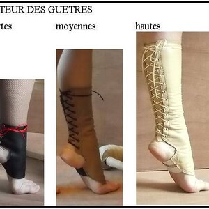 May include: Three gaiters labeled HAUTEUR DES GUETRES, Courtes, moyennes, hautes. The short black gaiter has red laces, the medium brown gaiter has dark brown laces, and the tall beige gaiter has light beige laces, all featuring side lacing.