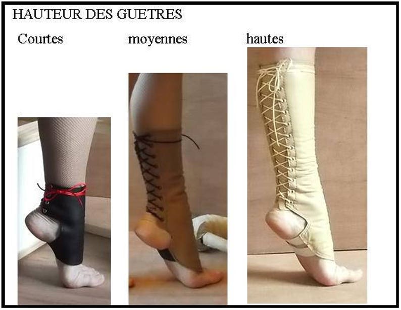 Peut inclure: Trois gu&ecirc;tres &eacute;tiquet&eacute;es HAUTEUR DES GUETRES, Courtes, moyennes, hautes. La gu&ecirc;tre noire courte a des lacets rouges, la gu&ecirc;tre marron moyenne a des lacets marron fonc&eacute; et la gu&ecirc;tre beige haute a des lacets beige clair, toutes &agrave; lacets.