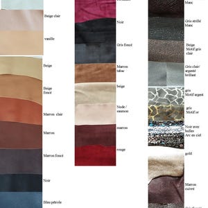 Peut inclure: Un nuancier pr&eacute;sentant trois cat&eacute;gories d'&eacute;chantillons de mati&egrave;res : Les classiques, Les suede/nubuck et Les originaux. Les &eacute;chantillons pr&eacute;sentent diverses textures et couleurs, dont rouge, blanc, beige, marron, noir, bleu, olive, bordeaux, gris et des motifs m&eacute;talliques avec des &eacute;tiquettes en fran&ccedil;ais &agrave; c&ocirc;t&eacute; de chaque &eacute;chantillon.