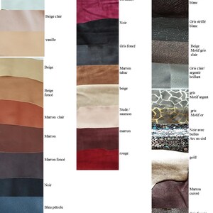 May include: A color chart displaying three categories of material swatches: Les classiques, Les suede/nubuck, and Les originaux. The swatches feature various textures and colors including red, white, beige, brown, black, blue, olive, bordeaux, gray, and metallic patterns with labels in French next to each sample.