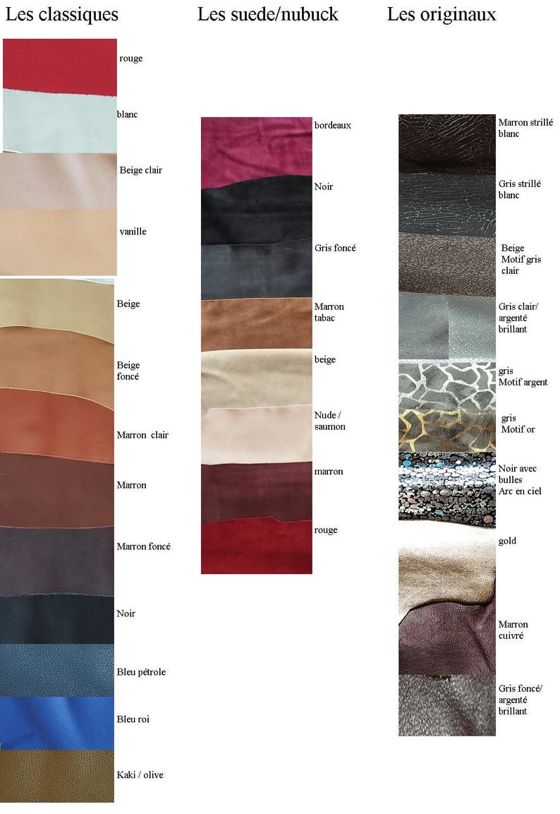 May include: A color chart displaying three categories of material swatches: Les classiques, Les suede/nubuck, and Les originaux. The swatches feature various textures and colors including red, white, beige, brown, black, blue, olive, bordeaux, gray, and metallic patterns with labels in French next to each sample.