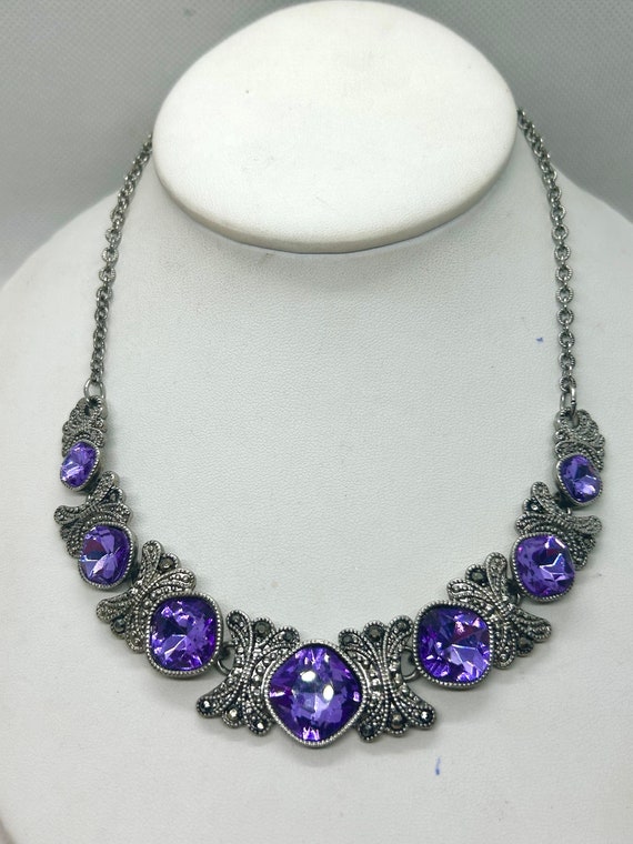 Vintage Crown Trifari Purple Rhinestone Necklace - image 2