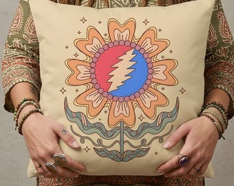 Grateful Dead Pillow, Deadhead Throw Pillow, Steal Your Face Lightning Bolt Decor, Jam Band Home Decor, Hippie Music Pillow, Grateful Dead F