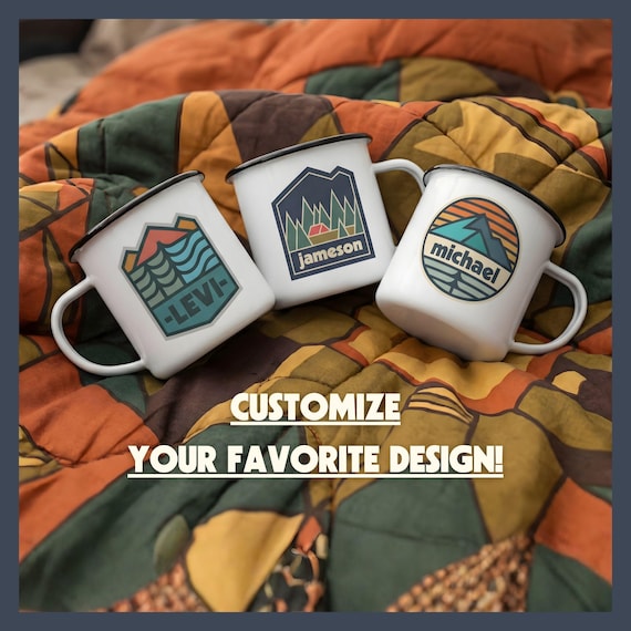 Personalized Enamel Camp Mug – Retro Outdoor Badge Design