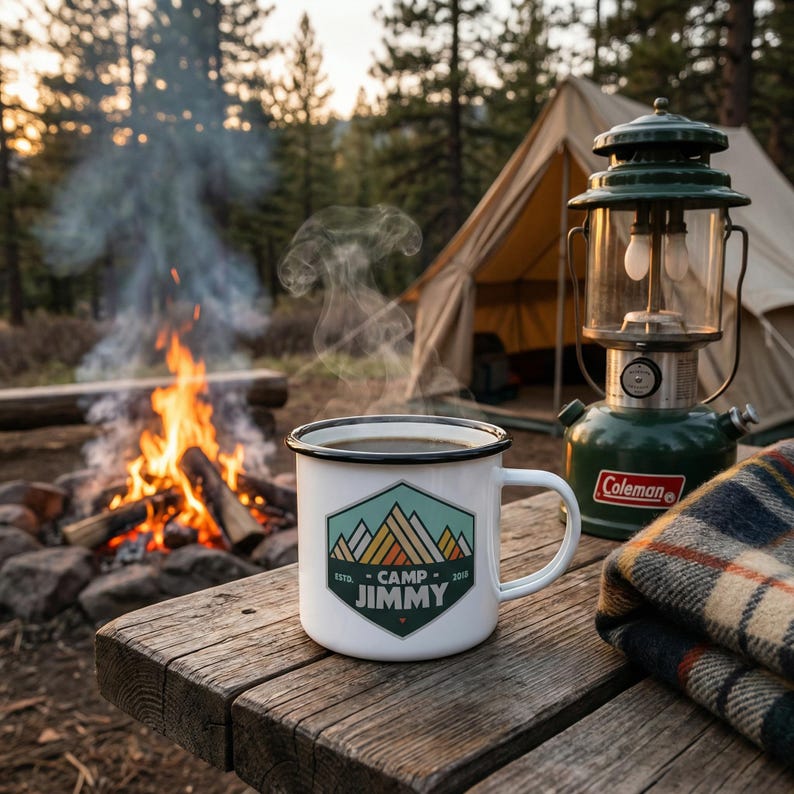 May include: A white enamel mug with a black rim and the words "Camp Jimmy" printed on it, filled with coffee, sits on a wooden table. A campfire burns in the background, with a green Coleman lantern and a plaid blanket nearby. The scene evokes a camping theme.